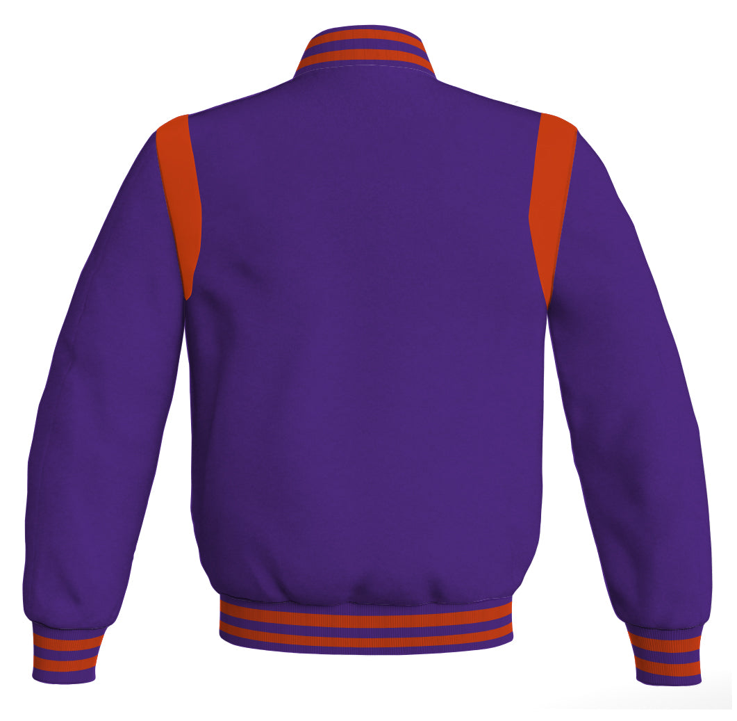 Letterman Baseball Bomber Retro Jacket: Purple body with orange leather inserts.