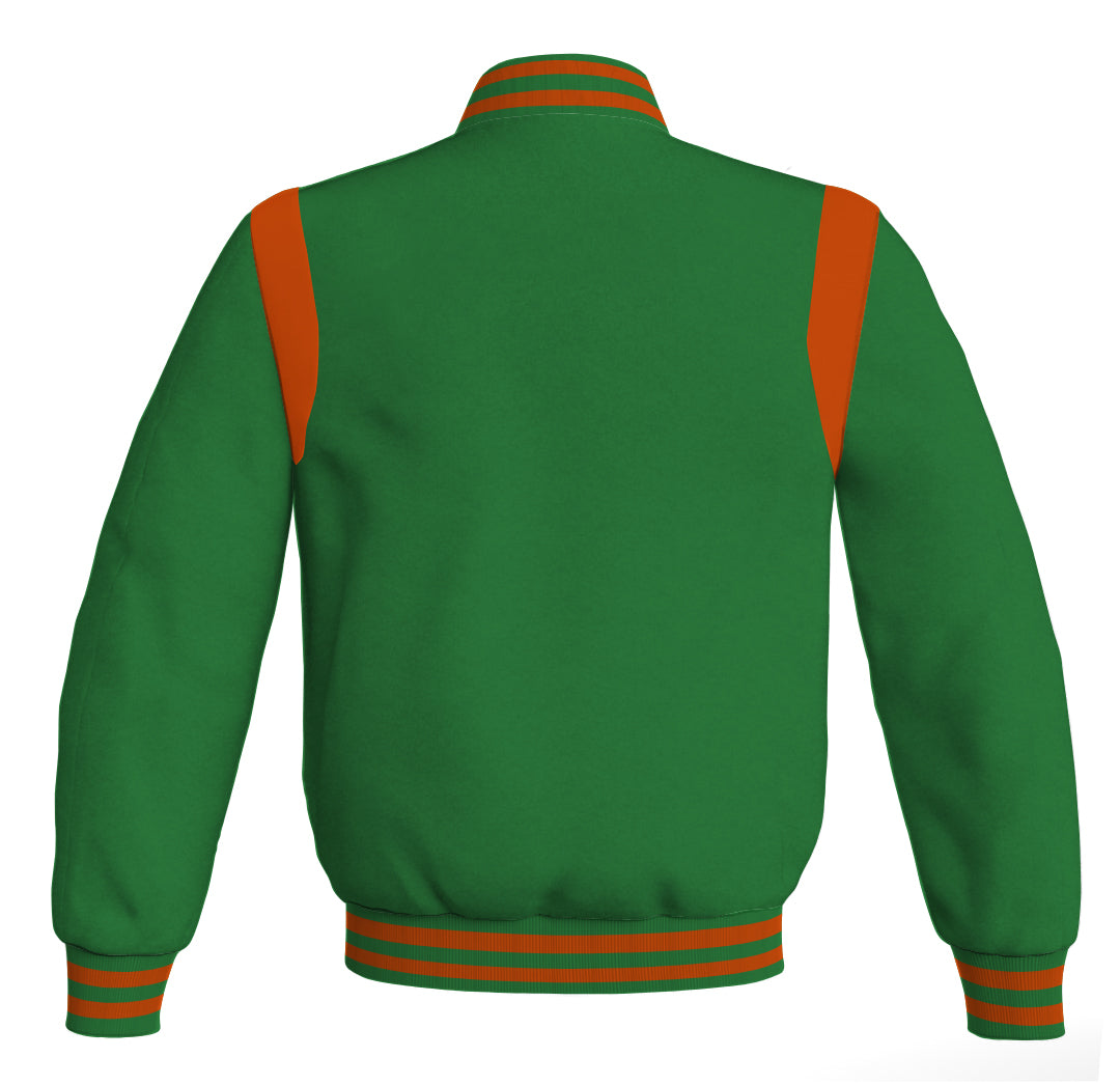 Green Letterman baseball bomber jacket with orange leather inserts.