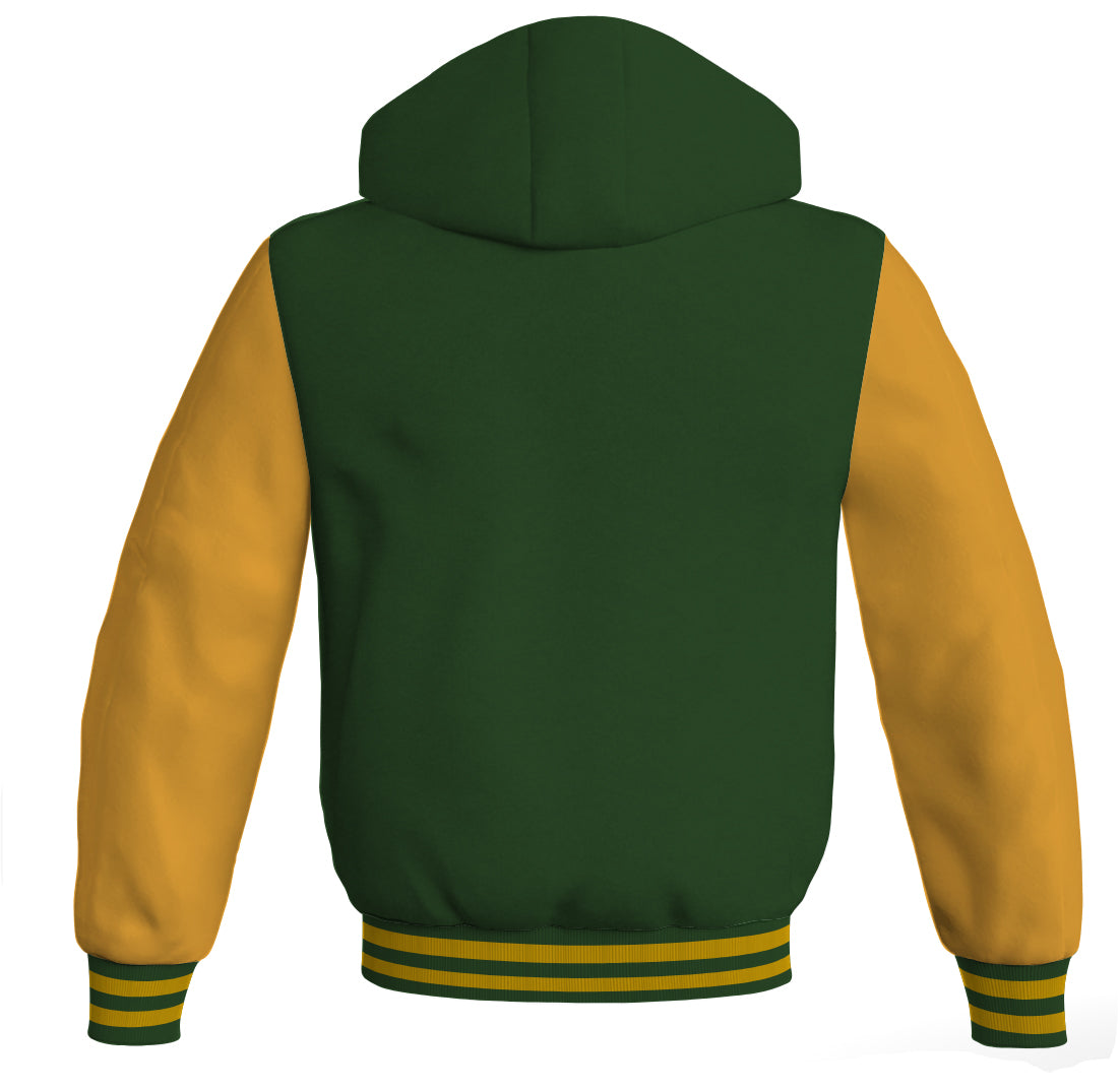 Letterman Bomber Hoodie Jacket Forest Green Body Gold Leather 