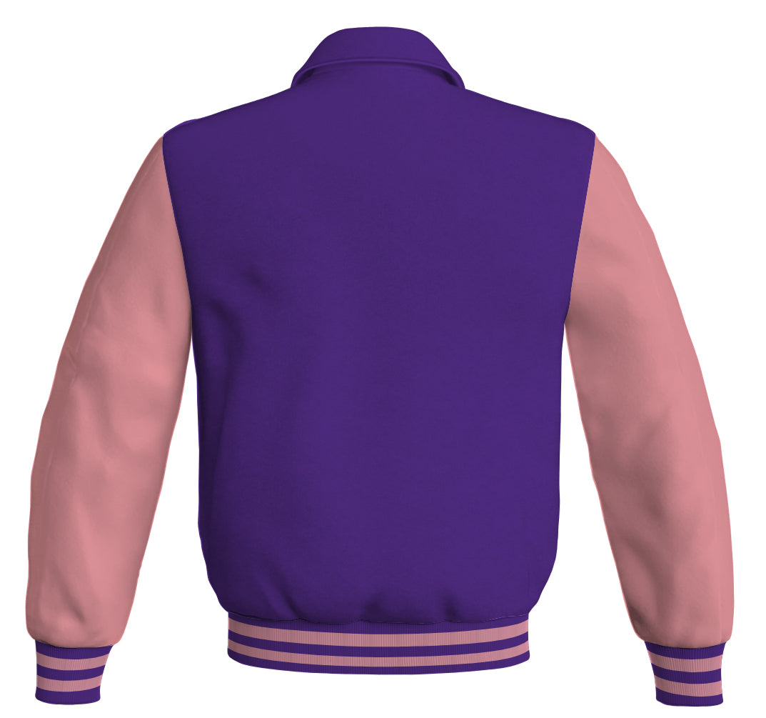 Stylish bomber jacket in purple with pink leather sleeves.