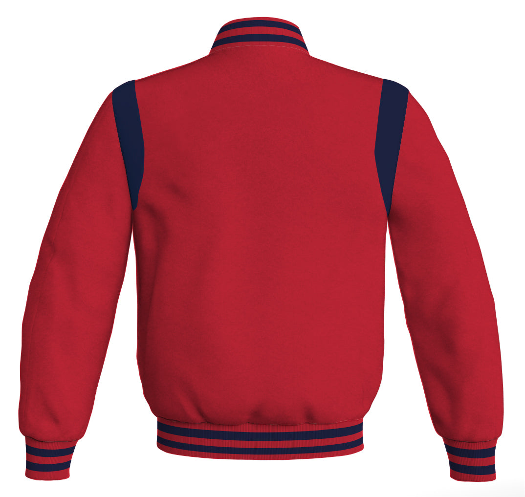 Letterman Baseball Bomber Jacket: Red body with navy blue leather inserts. Retro style.