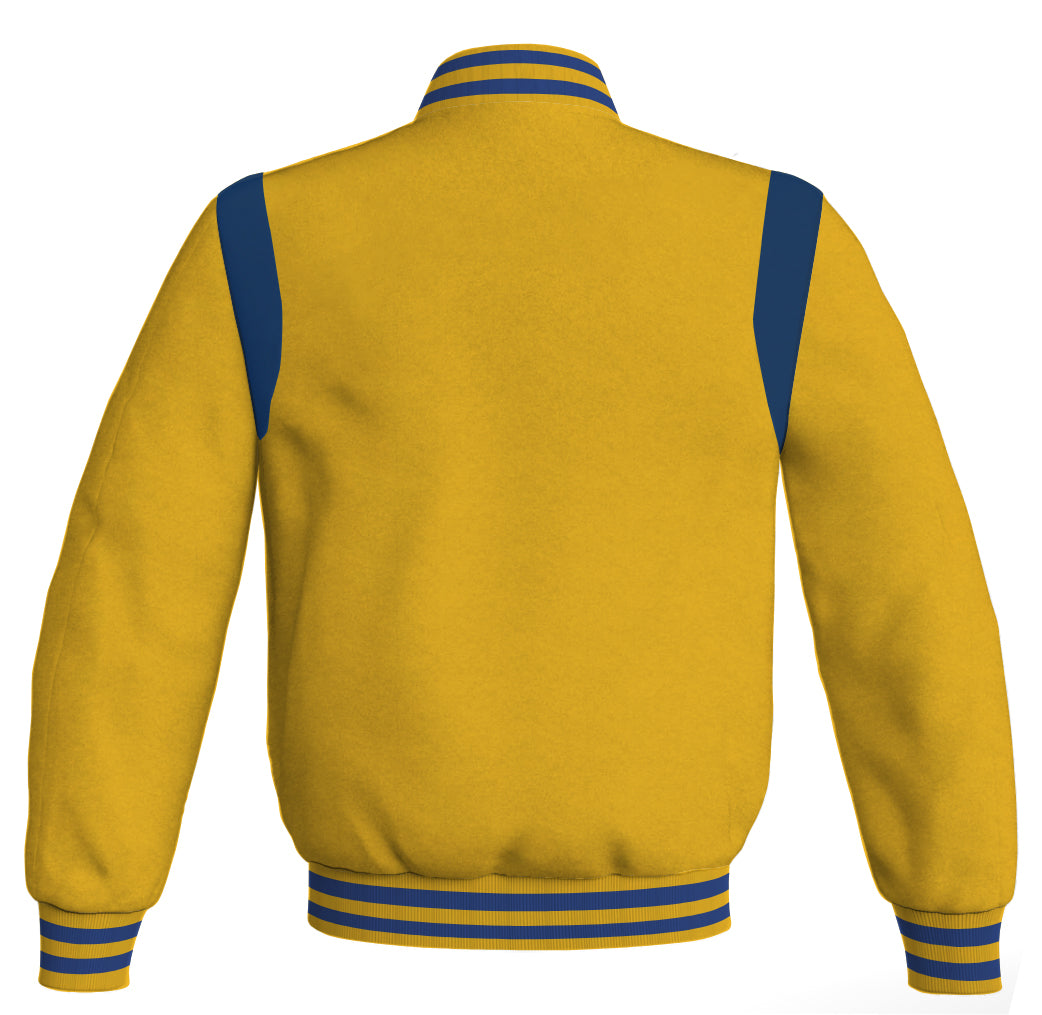 Vintage style Letterman baseball bomber jacket with yellow/gold body and blue leather accents.