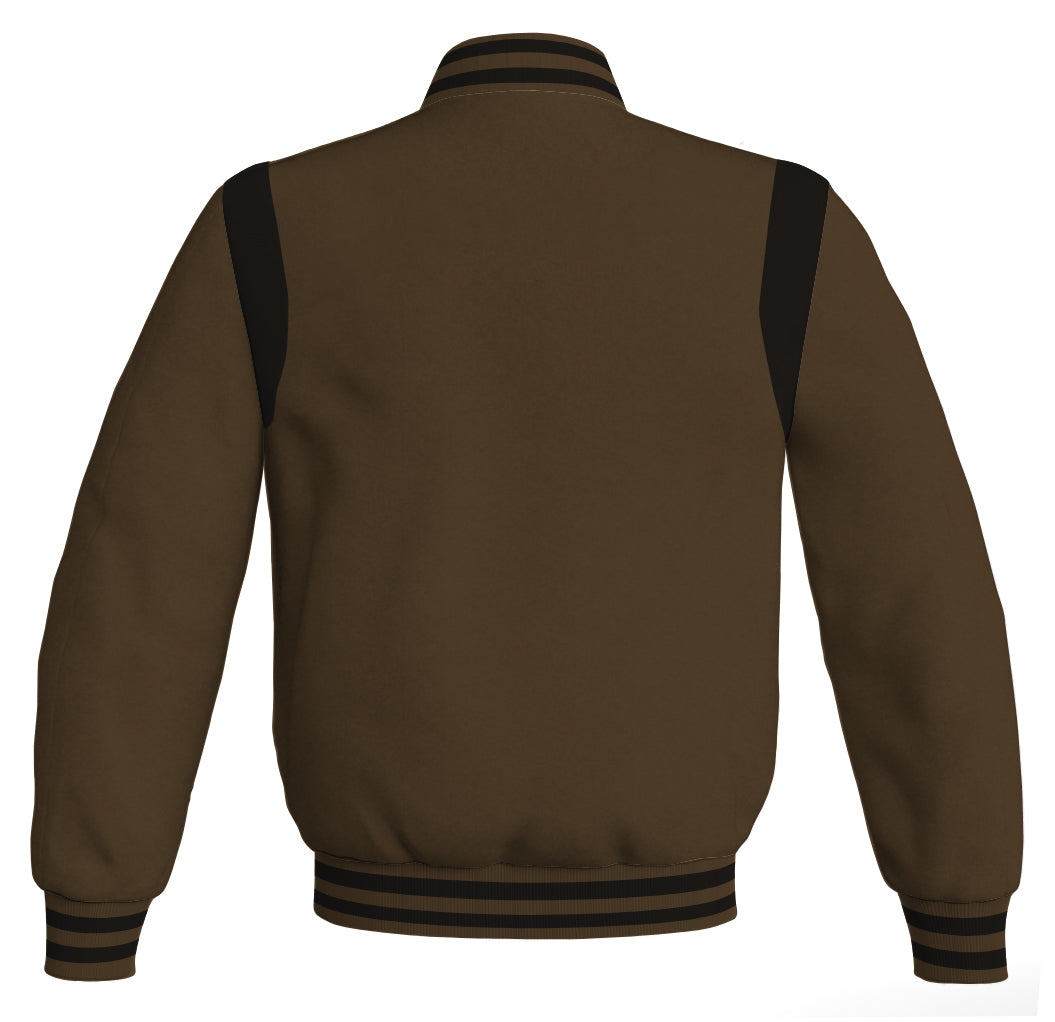 Letterman Baseball Bomber Retro Jacket: Brown body with black leather inserts.