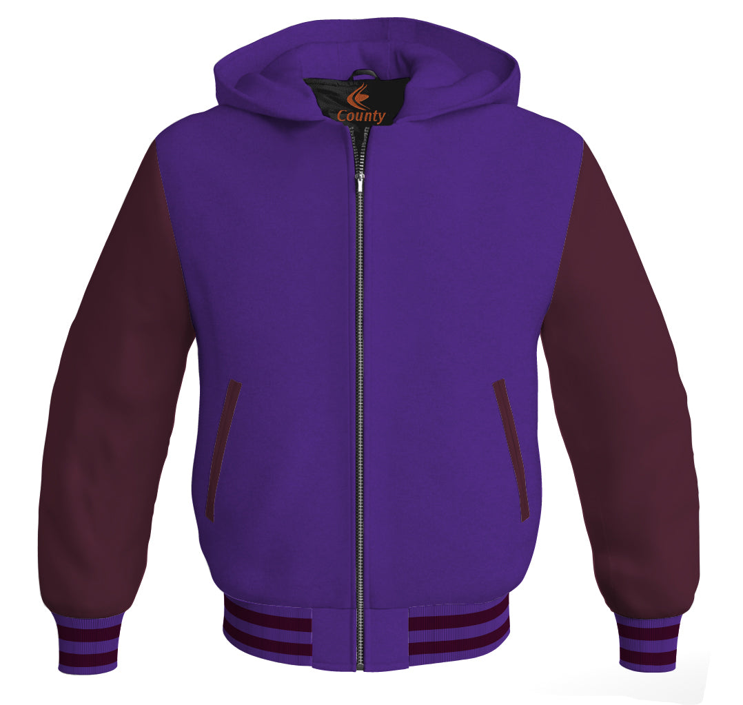 Letterman Bomber Hoodie Jacket Purple Body Maroon Leather Sleeves