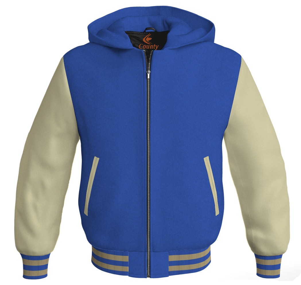 Letterman Bomber Hoodie Jacket Royal Blue Body Cream Leather Sleeves