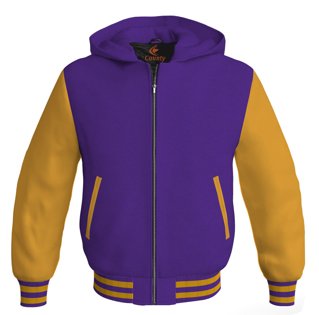 Letterman Bomber Hoodie Jacket Purple Body Gold Leather Sleeves