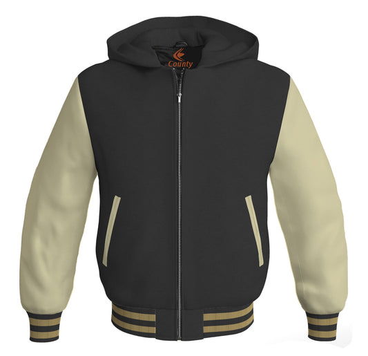 Hoodies For Men Black Body and Cream Leather Sleeves Varsity Hoodie