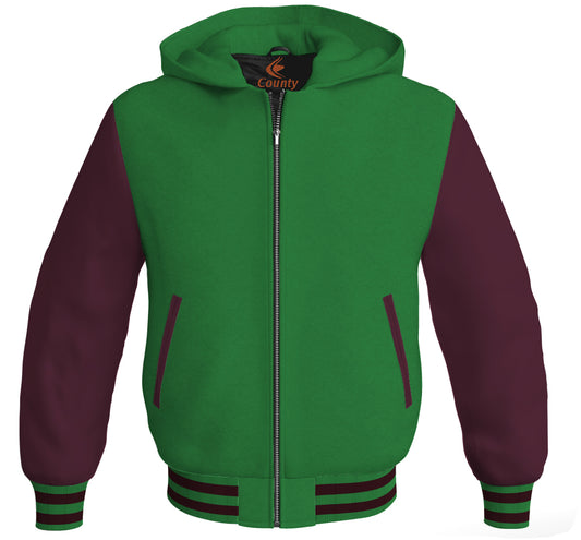 Letterman Bomber Hoodie Jacket Green Body Maroon Leather Sleeves