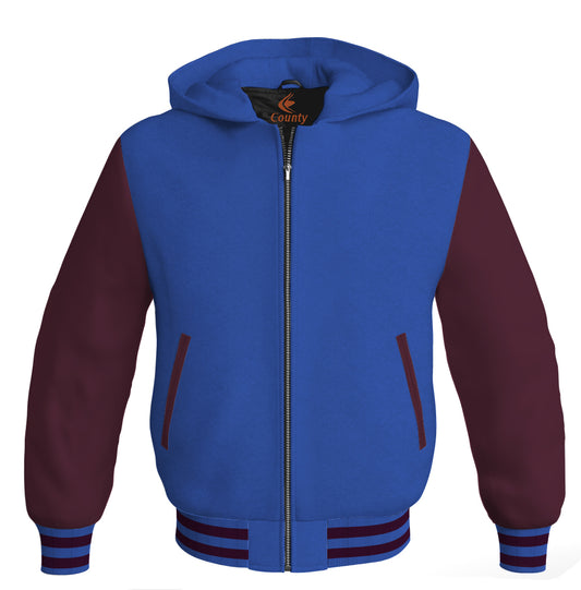 Letterman Bomber Hoodie Jacket Royal Blue Body Maroon Leather SleevesLetterman Bomber Hoodie Jacket Royal Blue Body Maroon Leather Sleeves