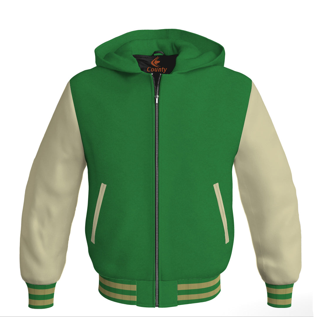 Letterman Bomber Hoodie Jacket Green Body Cream Leather Sleeves