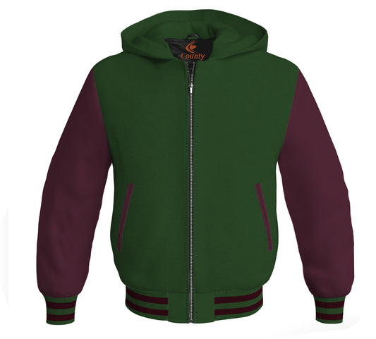 Letterman Bomber Hoodie Jacket Forest Green Body Maroon Leather Sleeves