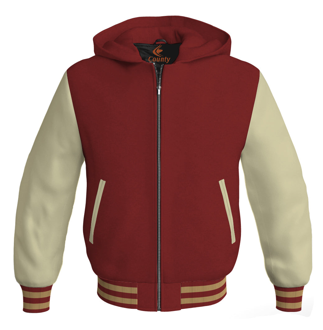 Letterman Bomber Hoodie Jacket Maroon Body Cream Leather Sleeves