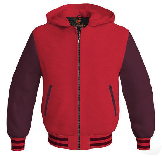 Letterman Bomber Hoodie Jacket Red Body Maroon Leather Sleeves