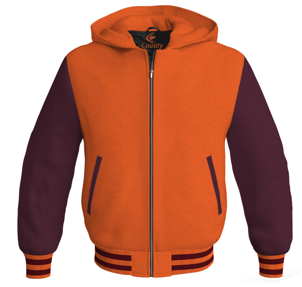 Letterman Bomber Hoodie Jacket Orange Body Maroon Leather Sleeves