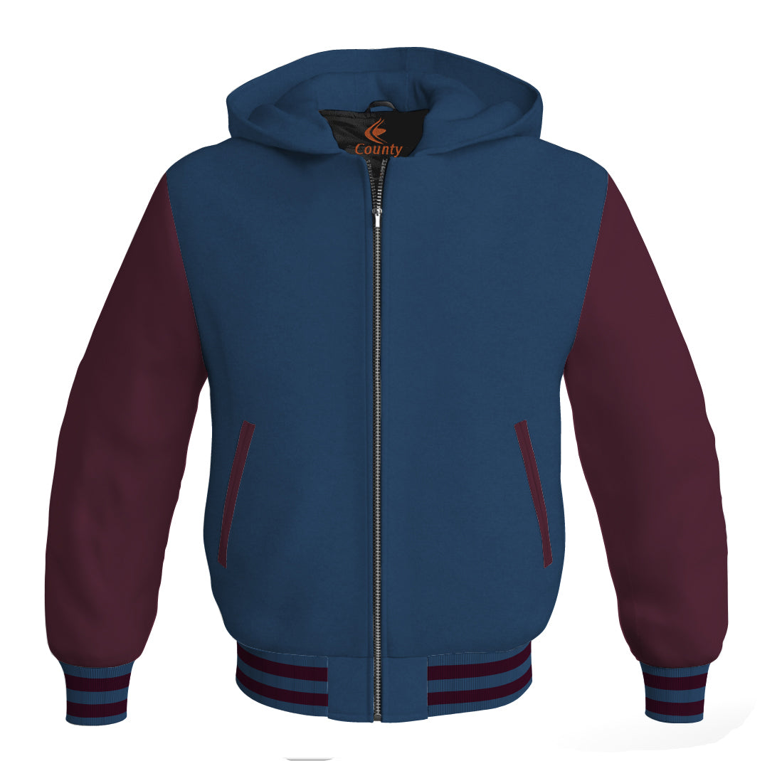 Letterman Bomber Hoodie Jacket Navy Blue Body Maroon Leather Sleeves