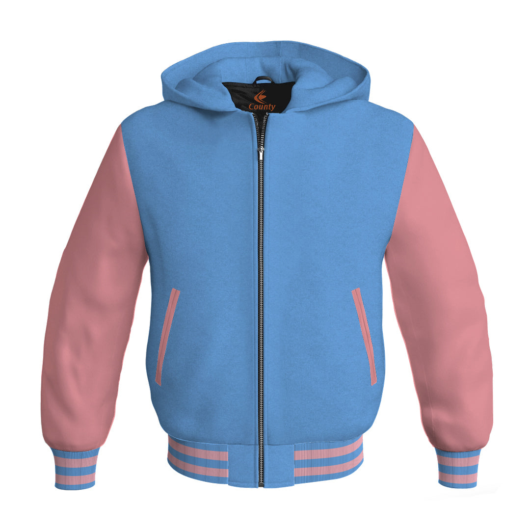 Letterman Bomber Hoodie Jacket Sky Blue Body Pink Leather Sleeves