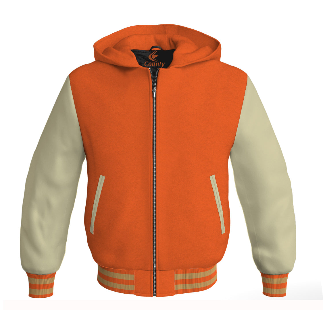 Letterman Bomber Hoodie Jacket Orange Body Cream Leather Sleeves