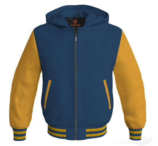 Letterman Bomber Hoodie Jacket Navy Blue Body Gold Leather Sleeves