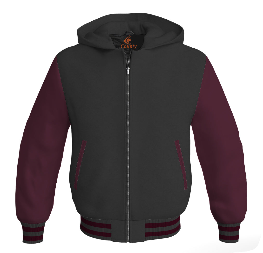 Hoodies For Men Black Body and Maroon Leather Sleeves Varsity Hoodie