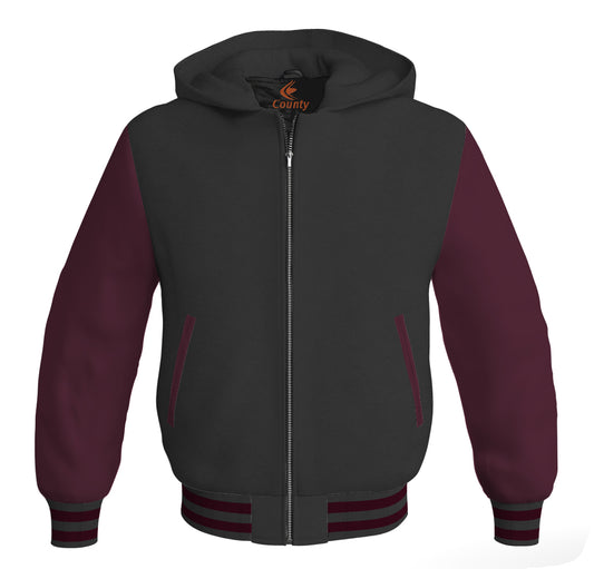 Hoodies For Men Black Body and Maroon Leather Sleeves Varsity Hoodie