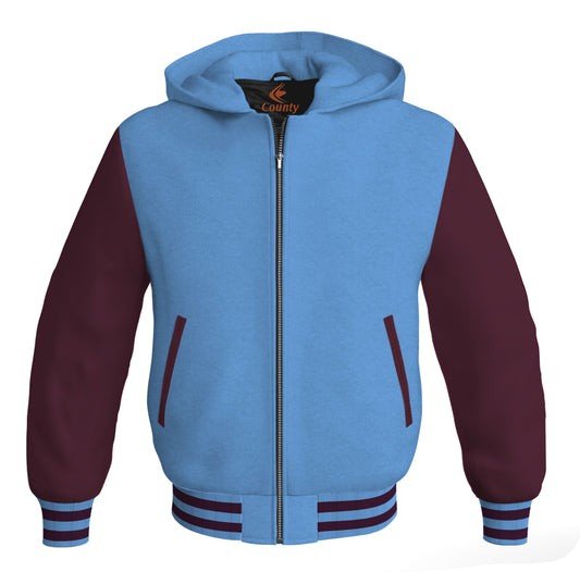 Letterman Bomber Hoodie Jacket Sky Blue Body Maroon Leather Sleeves