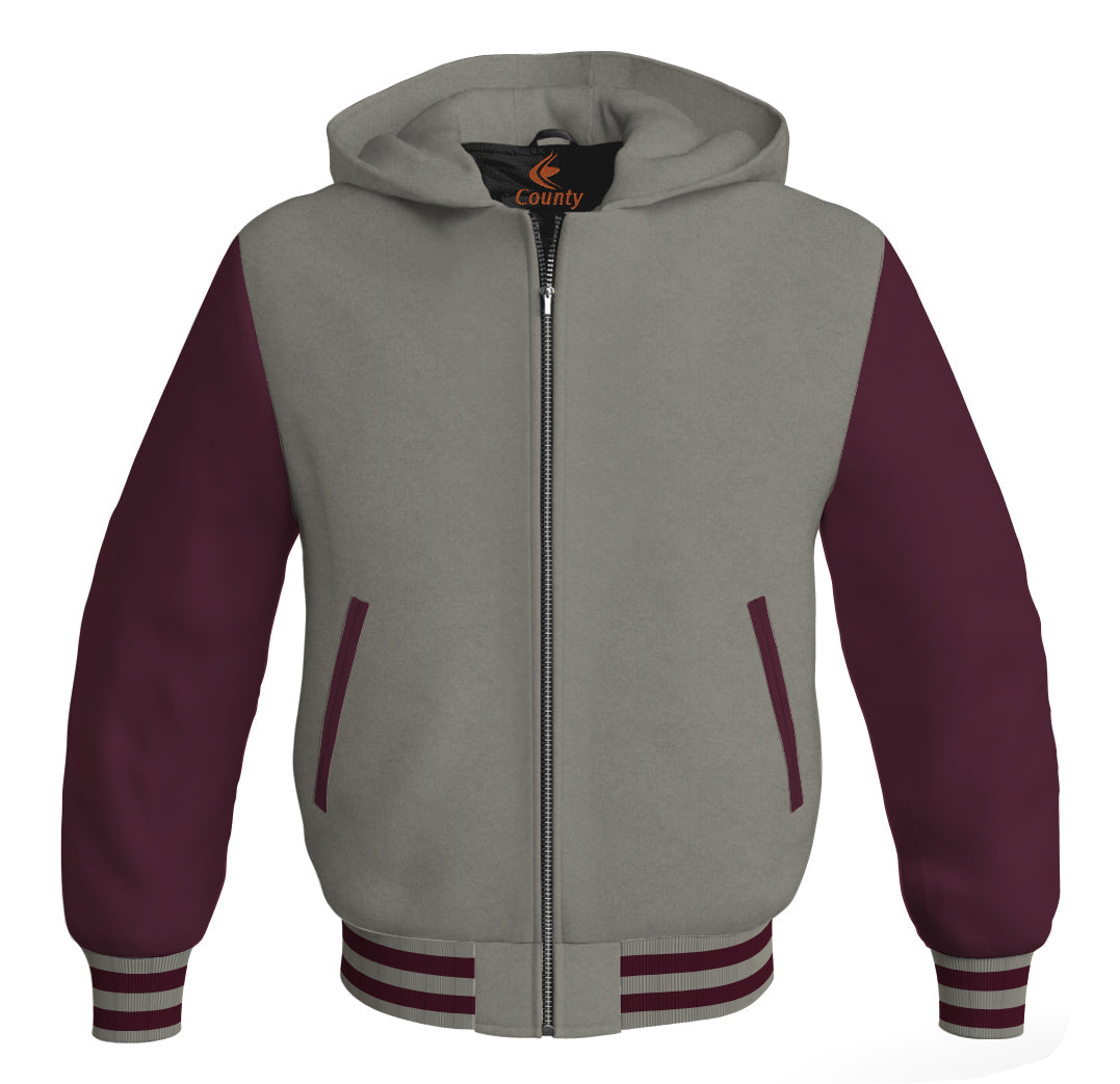 Letterman Bomber Hoodie Jacket Gray Body Maroon Leather Sleeves