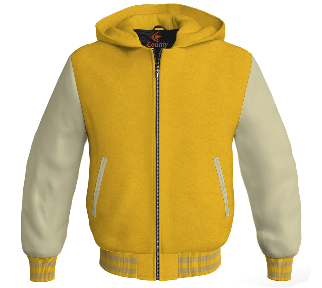 Letterman Bomber Hoodie Jacket Yellow/Gold Body Cream Leather Sleeves