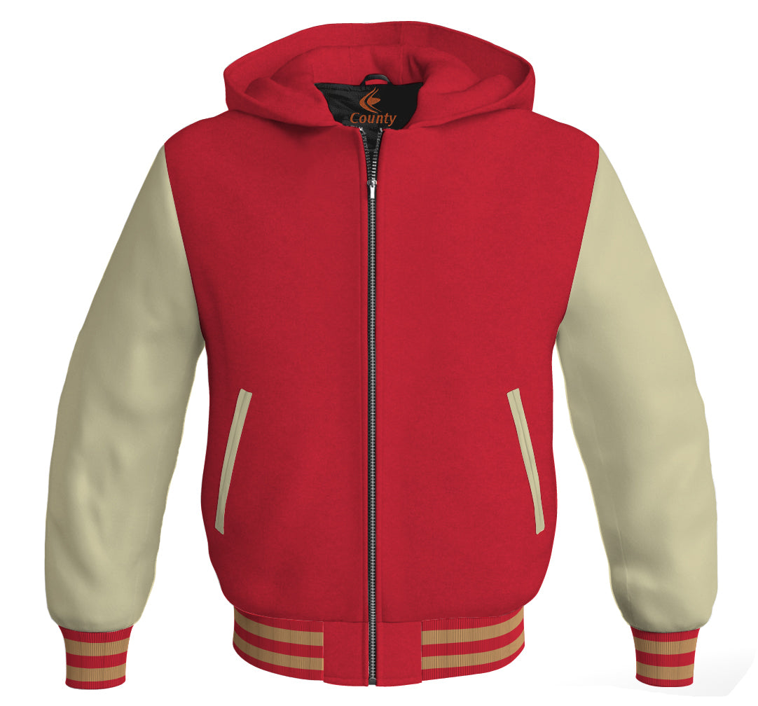 Letterman Bomber Hoodie Jacket Red Body Cream Leather Sleeves