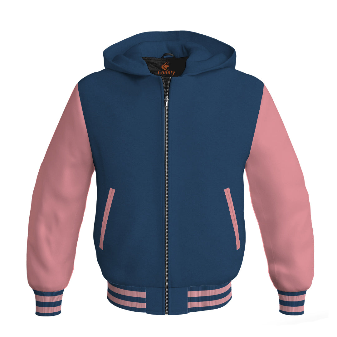 Letterman Bomber Hoodie Jacket Navy Blue Body Pink Leather Sleeves