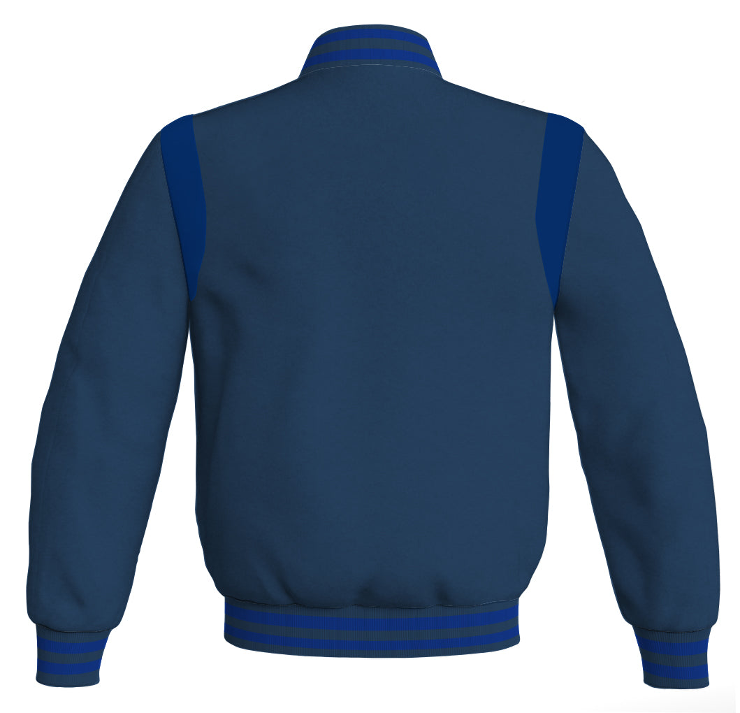 Letterman Baseball Bomber Retro Jacket: Navy Blue body with blue leather inserts.