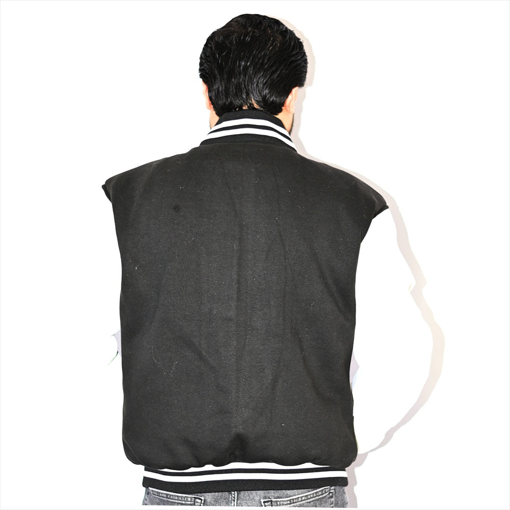 Mens Letterman Jacket Black Body and White Leather Sleeves Varsity Jacket