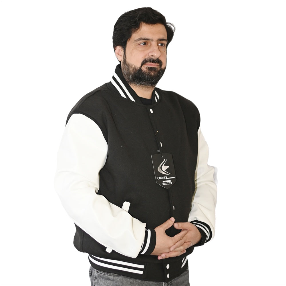 Mens Letterman Jacket Black Body and White Leather Sleeves Varsity Jacket