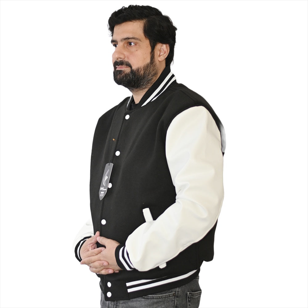 Mens Letterman Jacket Black Body and White Leather Sleeves Varsity Jacket