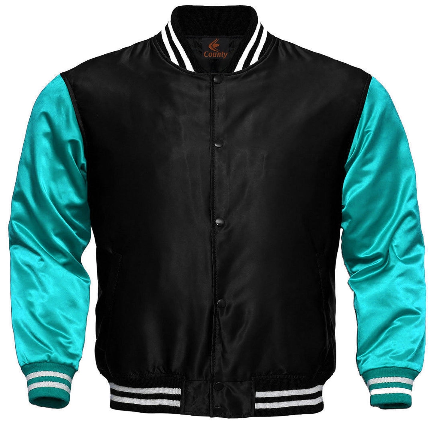 Ladies Varsity Jacket Black Turquoise Satin Jacket Mens Letterman Jacket