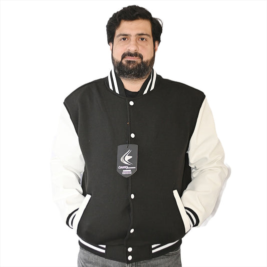 Mens Letterman Jacket Black Body and White Leather Sleeves Varsity Jacket