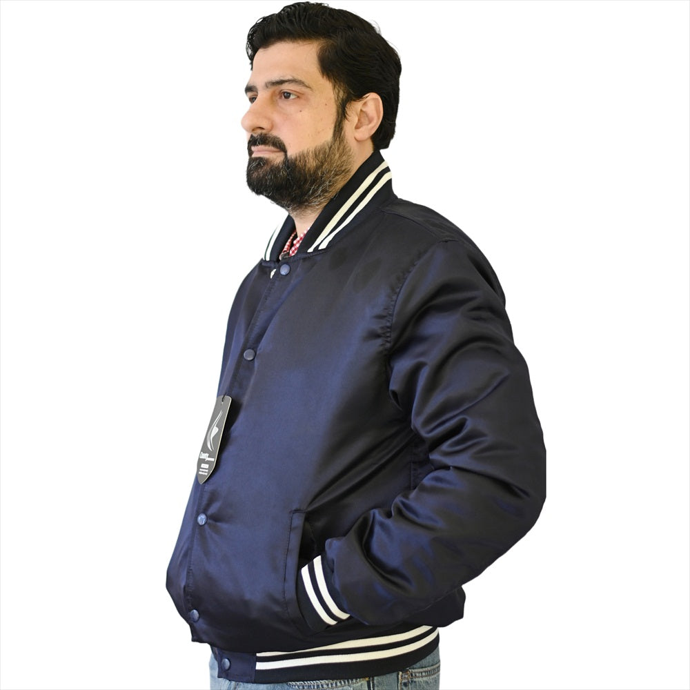 Varsity Jacket Mens Navy Blue Satin Jacket Mens Letterman Jacket