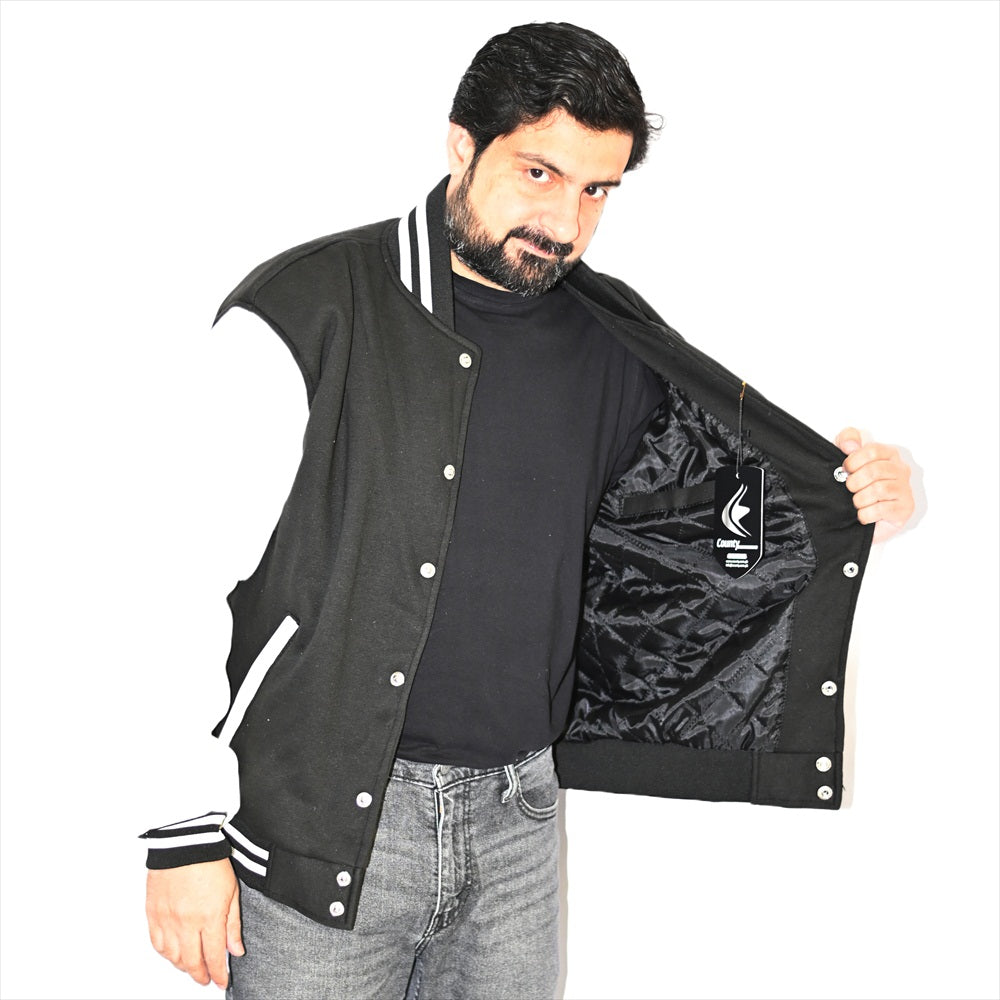 Mens Letterman Jacket Black Body and White Leather Sleeves Varsity Jacket