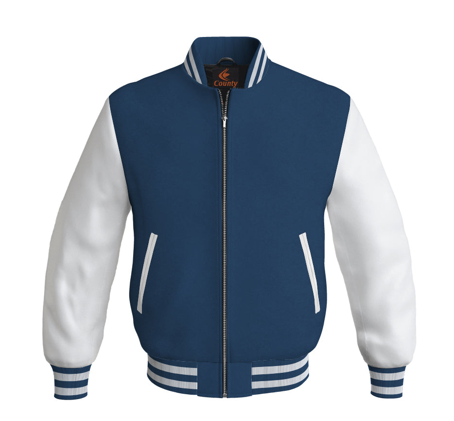 Mens Bomber Jacket Navy Blue Body and White Leather Sleeves Bomber Jacket