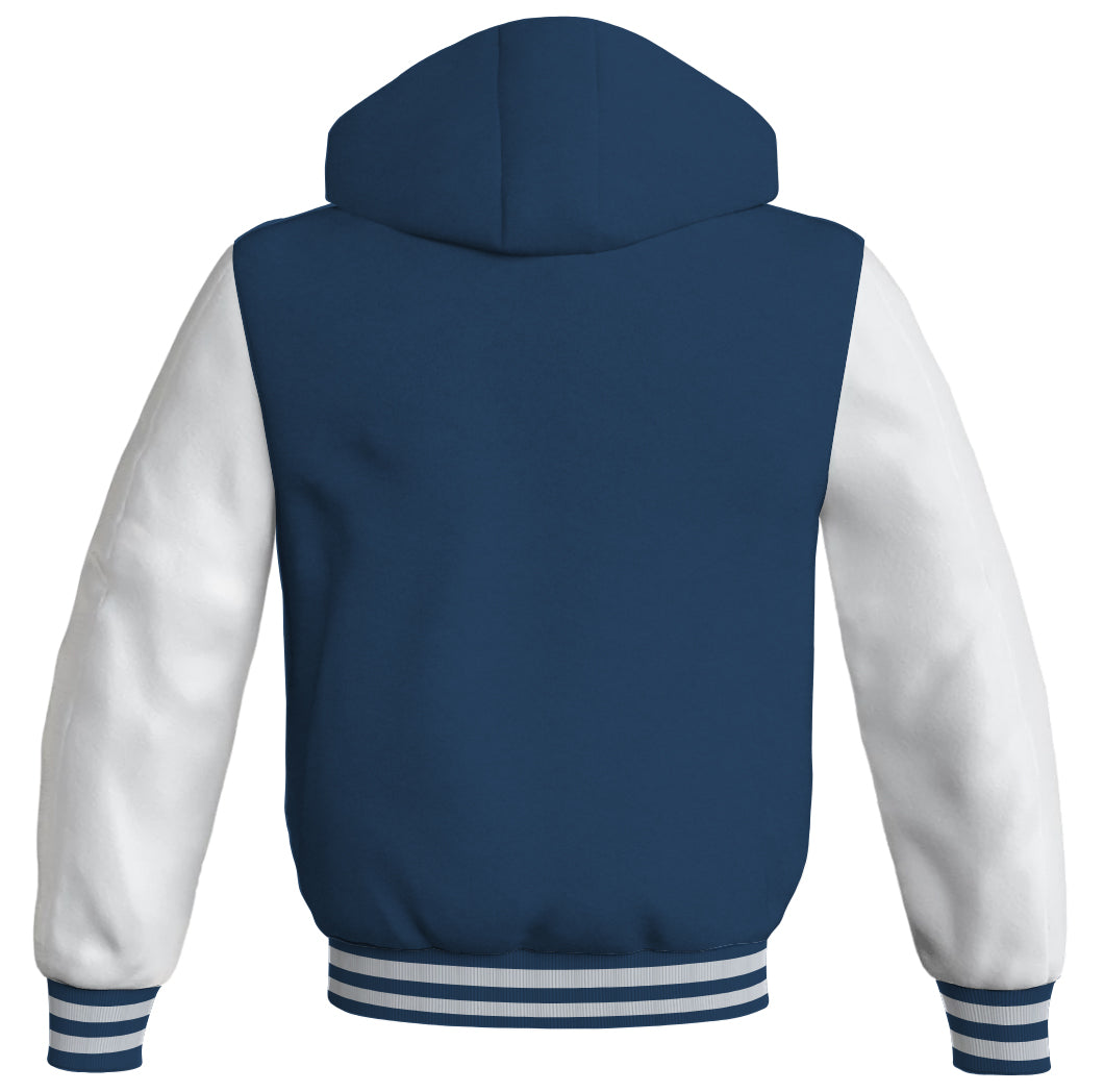 Letterman Bomber Hoodie Jacket Navy Blue Body White Leather 