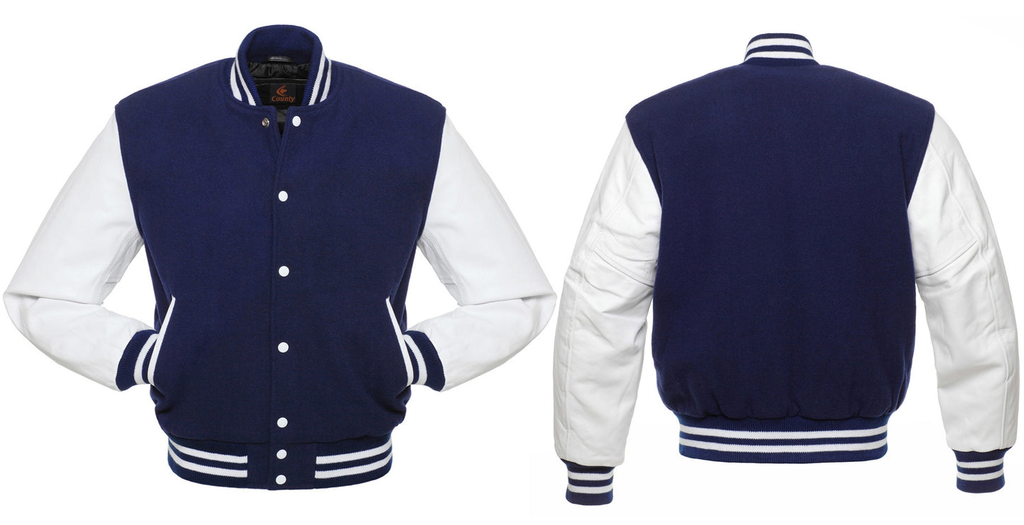 Letterman Jacket Navy Blue Body and White Leather Sleeves Varsity Jacket