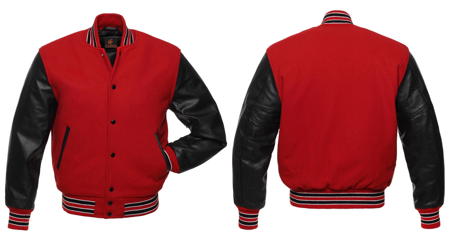 Custom Varsity Jackets Red Body and Black Leather Sleeves Varsity Jacket