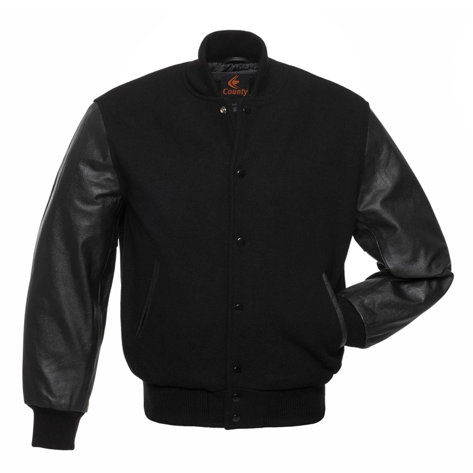 Luxury Black Body and Black Leather Sleeves Varsity College Jacket