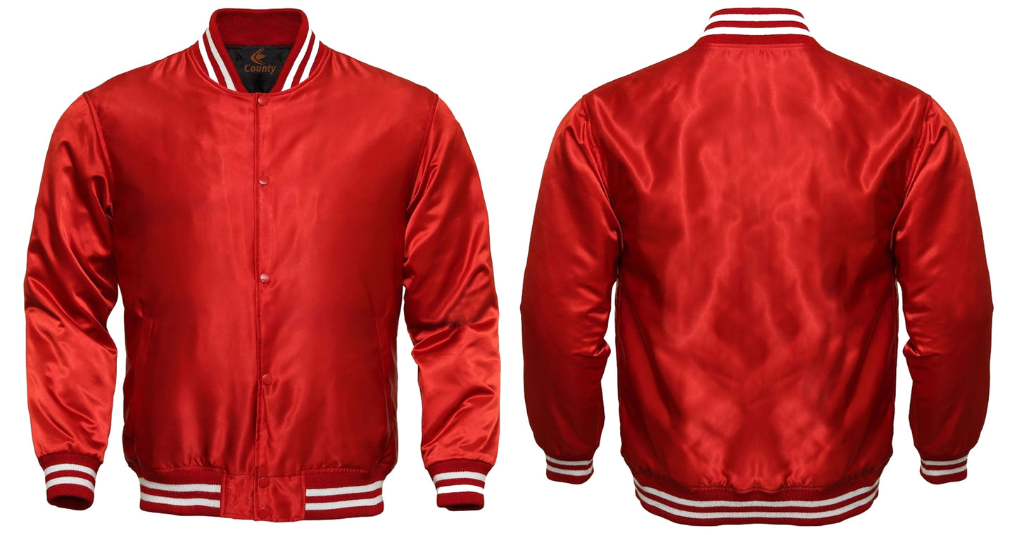 Varsity Jacket Mens Red Satin Jacket Custom Made Letterman Jackets