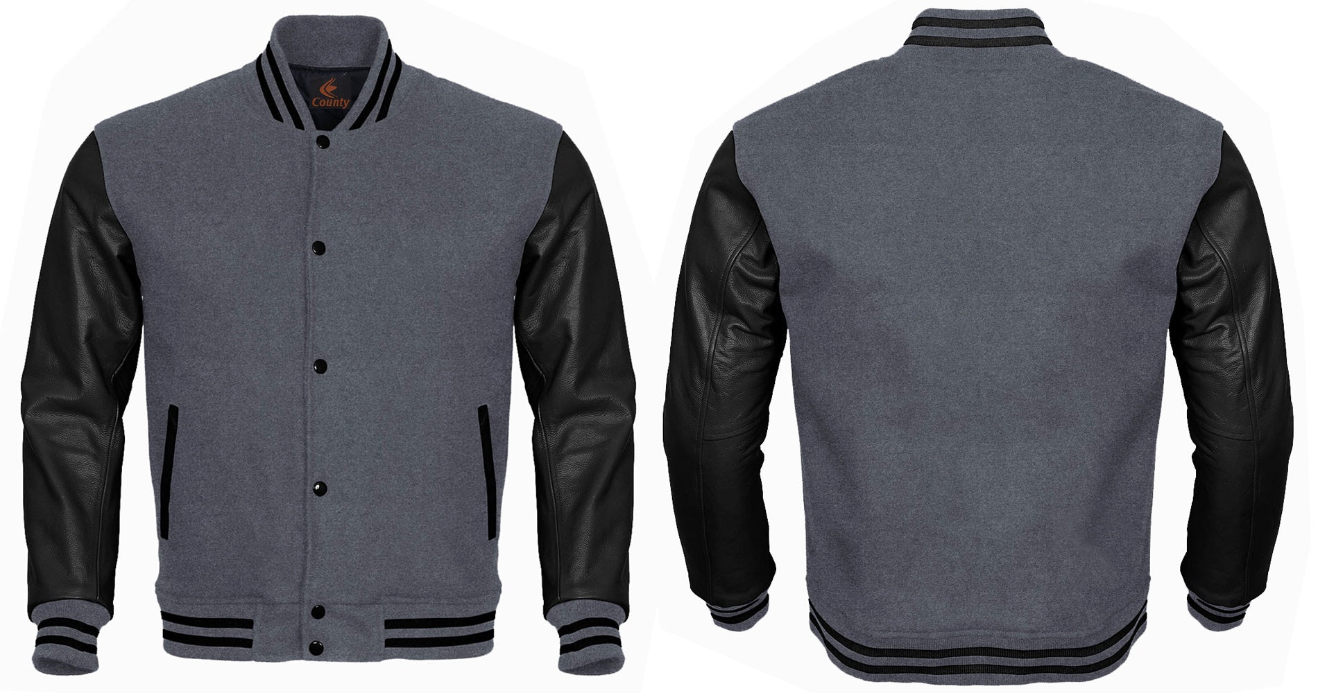 Varsity Jacket Mens Gray Body and Black Leather Sleeves Varsity Jacket