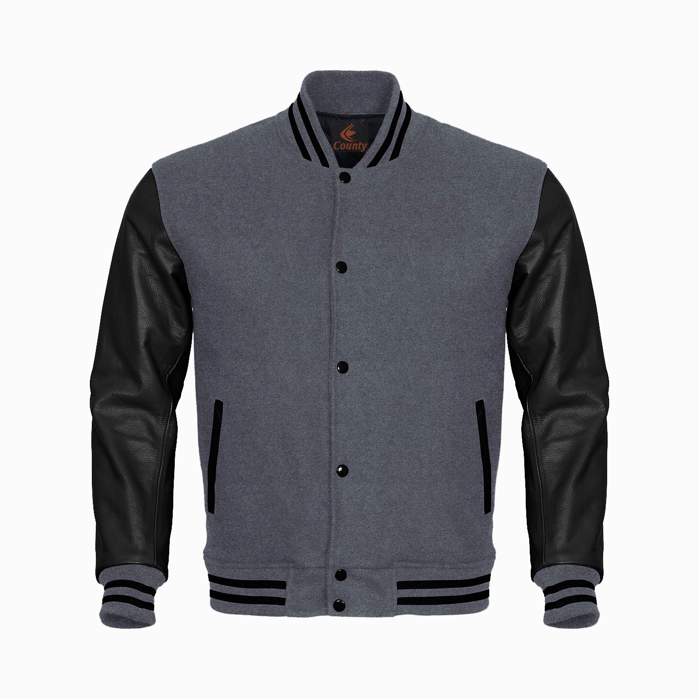 Varsity Jacket Mens Gray Body and Black Leather Sleeves Varsity Jacket