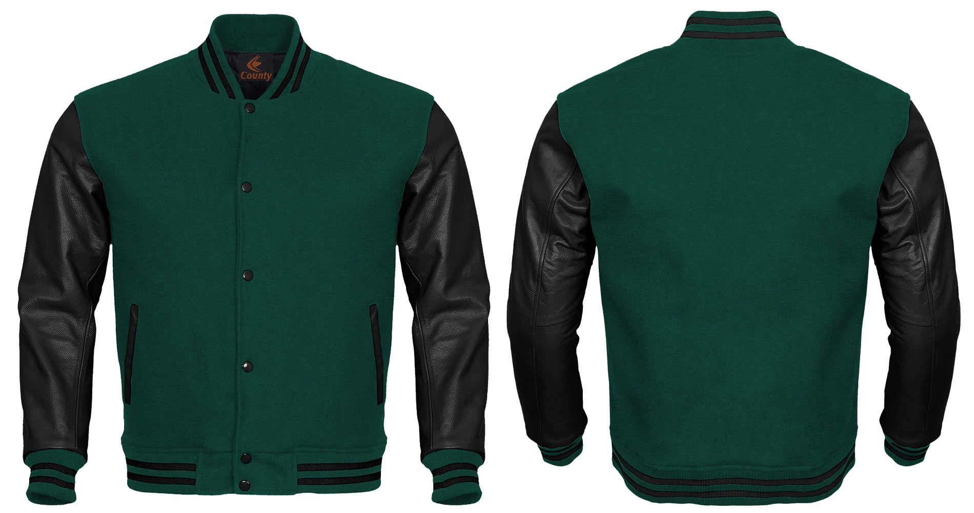 Varsity Jacket Mens Green Body and Black Leather Sleeves Varsity Jacket