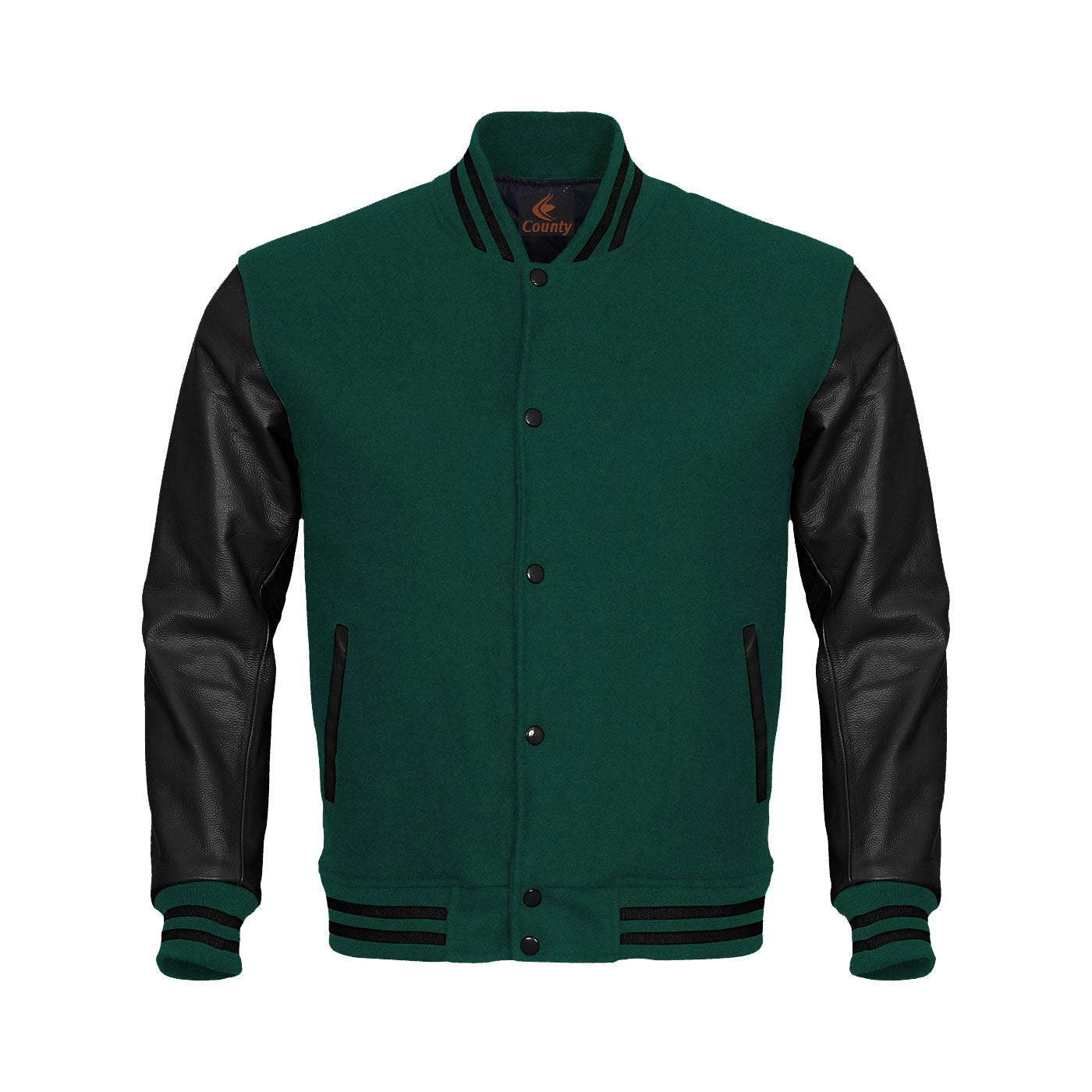 Varsity Jacket Mens Green Body and Black Leather Sleeves Varsity Jacket