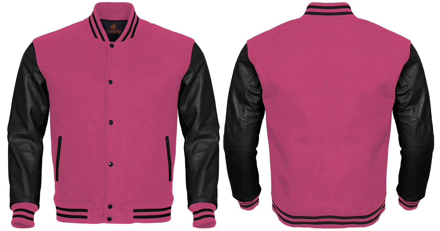 Varsity Jacket Women Pink Body and Black Leather Sleeves Varsity Jacket