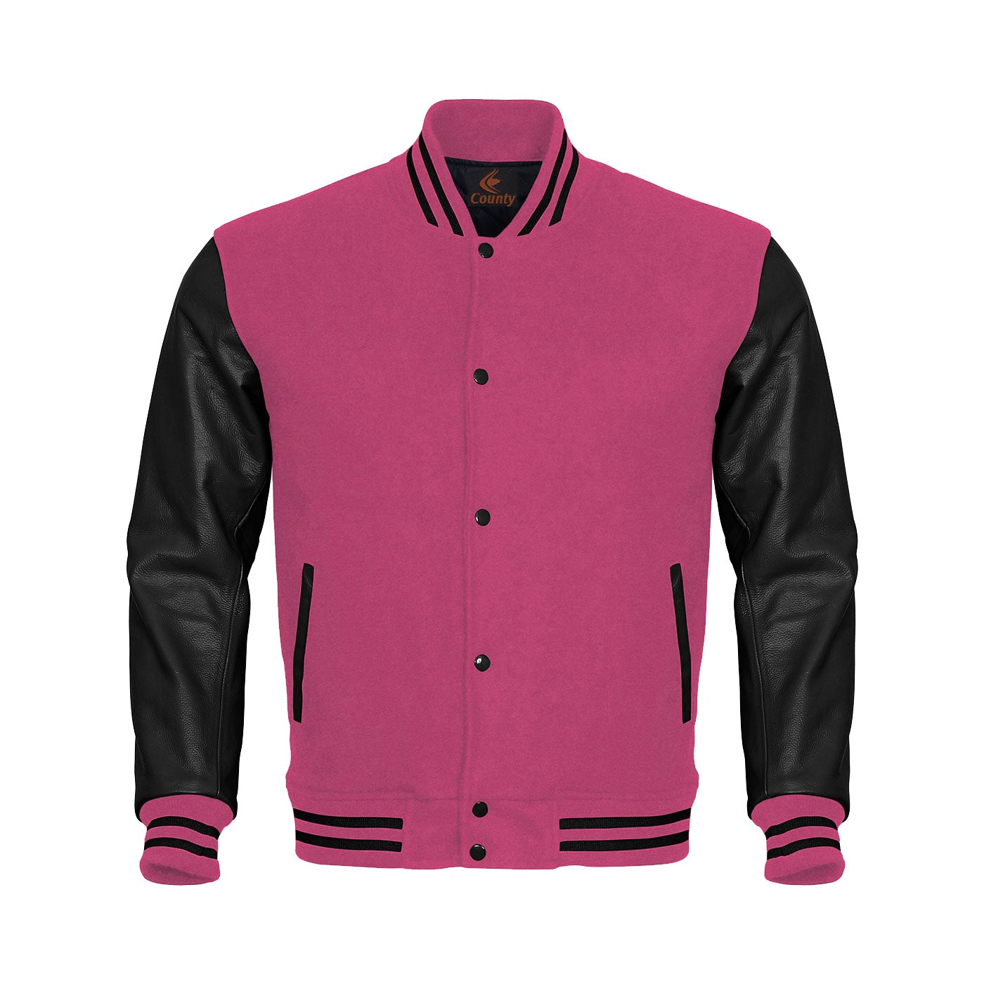 Varsity Jacket Women Pink Body and Black Leather Sleeves Varsity Jacket