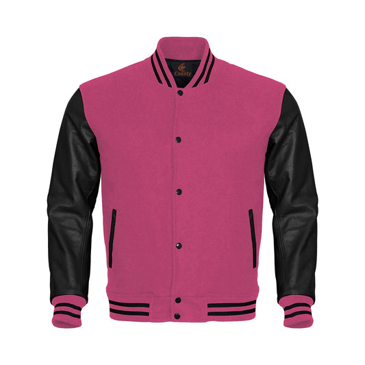 Varsity Jacket Women Pink Body and Black Leather Sleeves Varsity Jacket